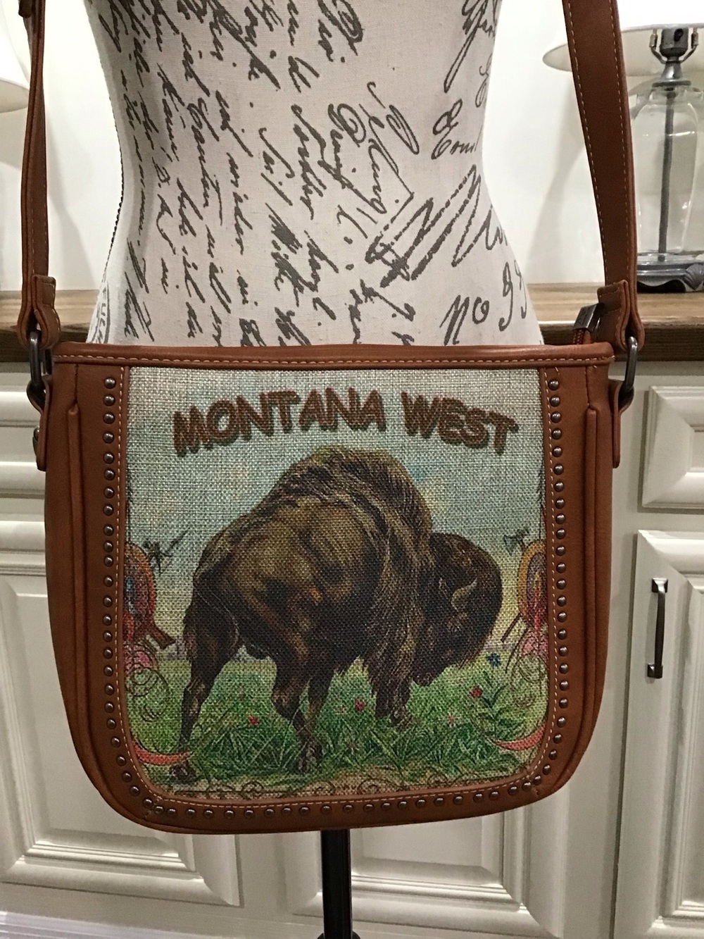 Montana West Brown/Tan Buffalo Crossbody Bag with Stud Trim - Picture 2 of 7